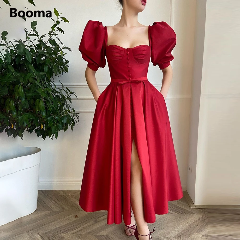 Top Trends: Booma Elegant Red Short Prom Dresses Puff Sleeves Front Slit Buttoned Prom Gowns With Pockets Tea-Length Wedding Party Dresses Shoppable Styles