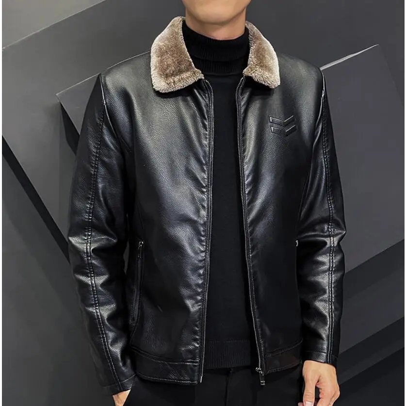 Top Trends: Korean Latest Fleece Fur Leather Jacket Men Winter Fashion Laple Zipper Straight Hem Formal Casual Coats Bomber Leather Jacket Shoppable Styles - Image 5