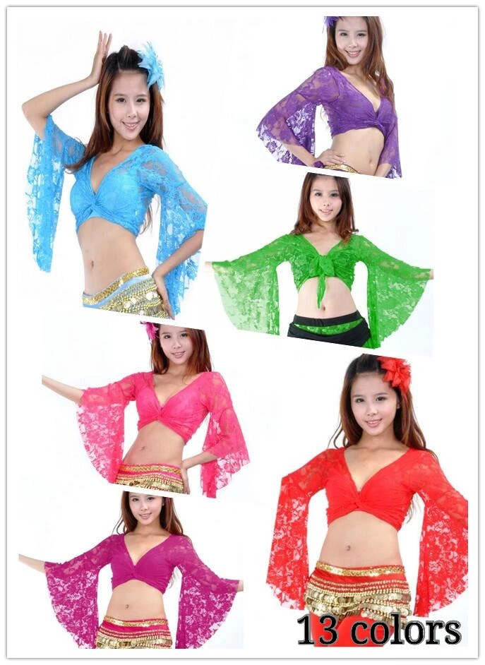 Top Trends: Belly Dance Clothes Tops Women Sexy Lace Top Front Cross Crop Halter Deep V Neck Soft Fabric Flare Sleeve Top 13 Colors Shoppable Styles