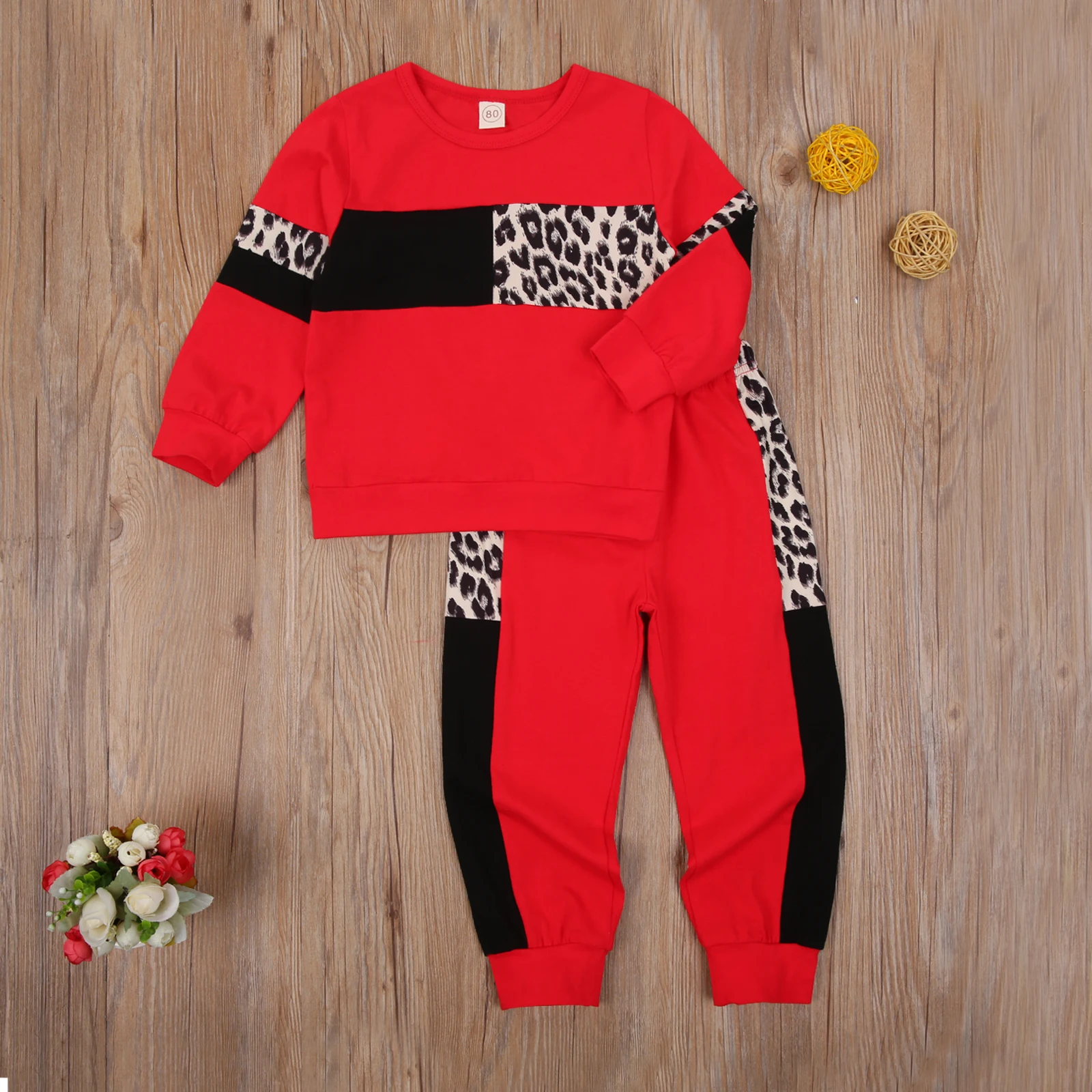 Top Trends: Patchwork Leopard Two Piece Baby Girl Clothes Kids Sportswear Suit Long Sleeve Round Neck Top Elastic Head Long Pants For Autumn Shoppable Styles - Image 2