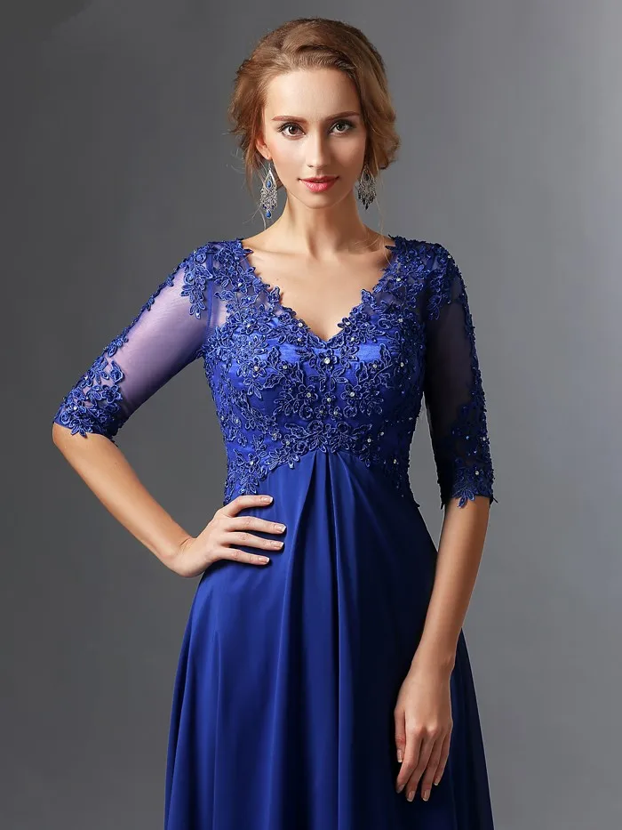 Top Trends: Royal Blue 2019 Mother Of The Bride Dresses A-line V-neck Half Sleeves Chiffon Lace Long Elegant Groom Mother Dresses Wedding Shoppable Styles