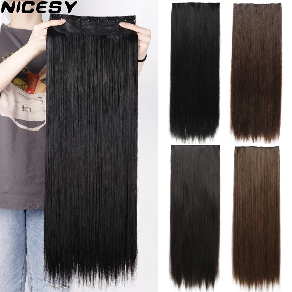 Top Trends: NICESY Synthetic 5 Clip Long Straight Clip In Hair Extension Fiber Heat-Resistant Hairpiece 22" / 32" One-Piece Black Brown Hair Shoppable Styles