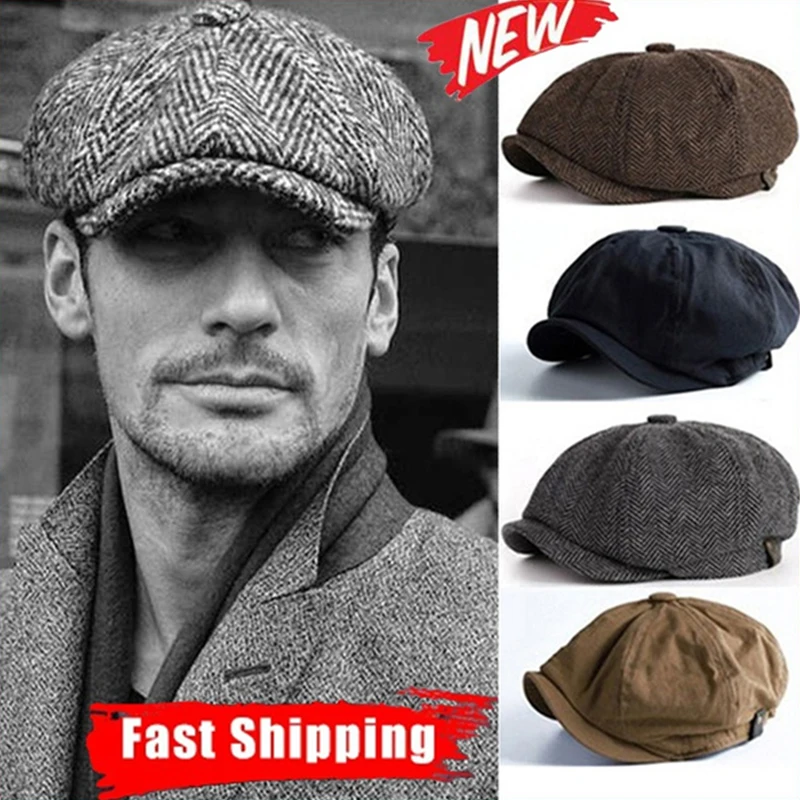 Top Trends: New Men Berets Retro Peaky Blinders Wool Blend Herringbone Tweed Newsboy Octagonal Hat Tweed Blend Casual Flat Cap Father Hats Shoppable Styles