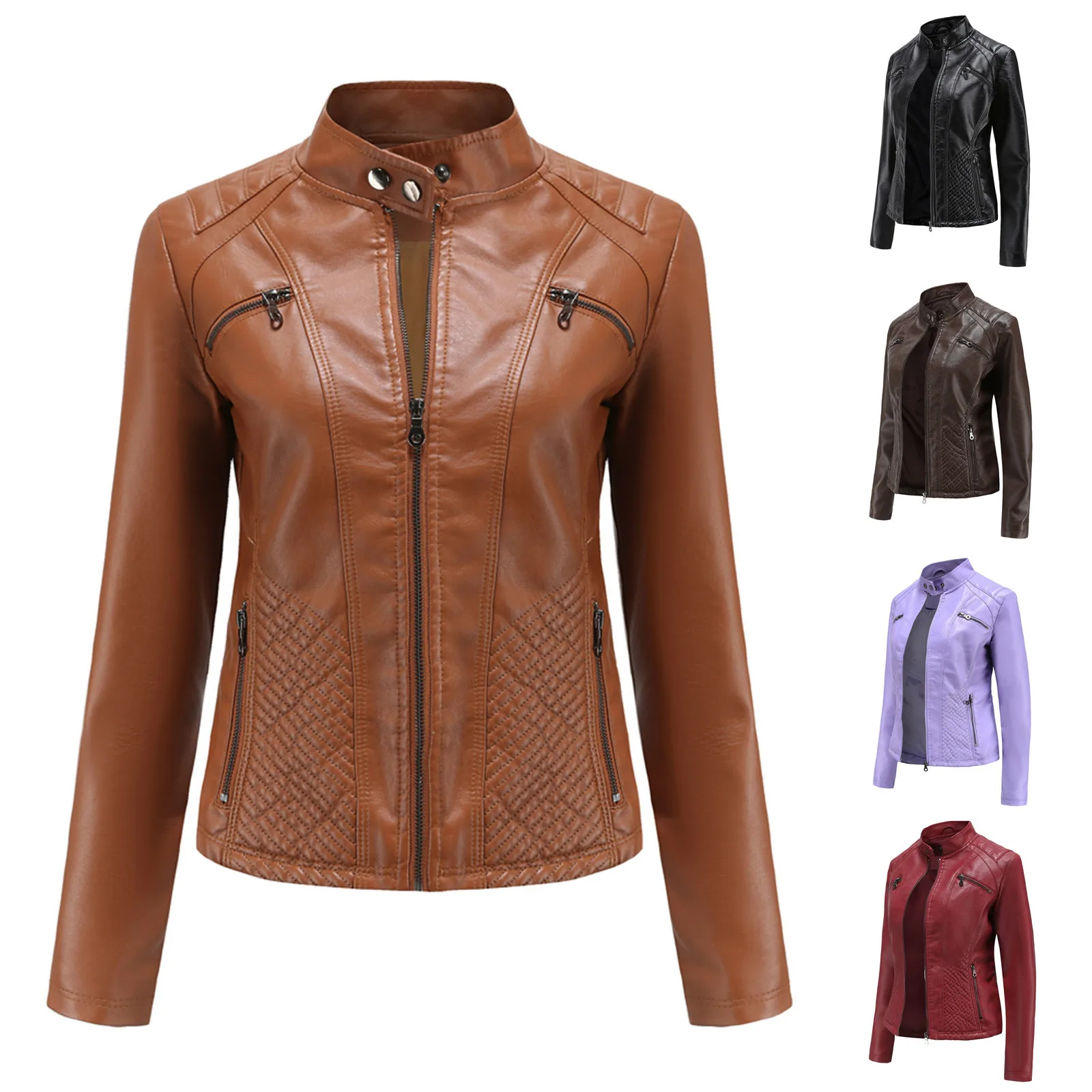 Top Trends: 2022 Leather Jacket Women Zippers Spring Autumn Womens PU Jacket Mandarin Collar Red Motor Biker Coat Female женская куртка Shoppable Styles