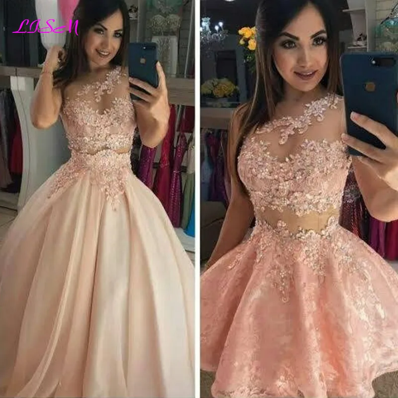 Top Trends: Blush Pink Lace Applique Two Pieces Prom Dresses 2 In 1 One Shoulder Pealrs Beads Short Party Gowns Quinceanera Dresss Shoppable Styles