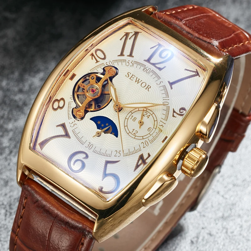 Top Trends: Luxury Automatic Mechanical Watches Men Moon Phase Skeleton Retro Self Winding Wristwatch Male Gold Case Clock Leather Watches Shoppable Styles