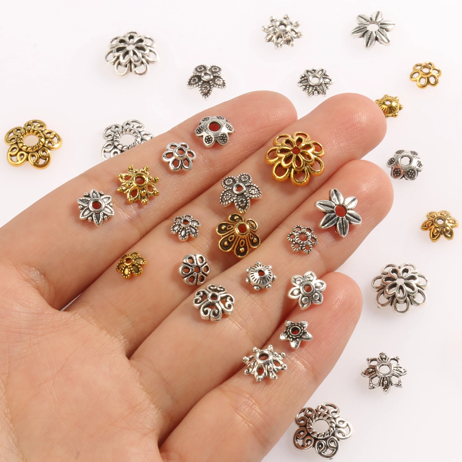 Top Trends: 20-200pcs Tibetan Antique Silver Gold Leaf Flower Bead End Caps For Jewelry Making Needlework Spacer Bead Caps DIY Accessories Shoppable Styles