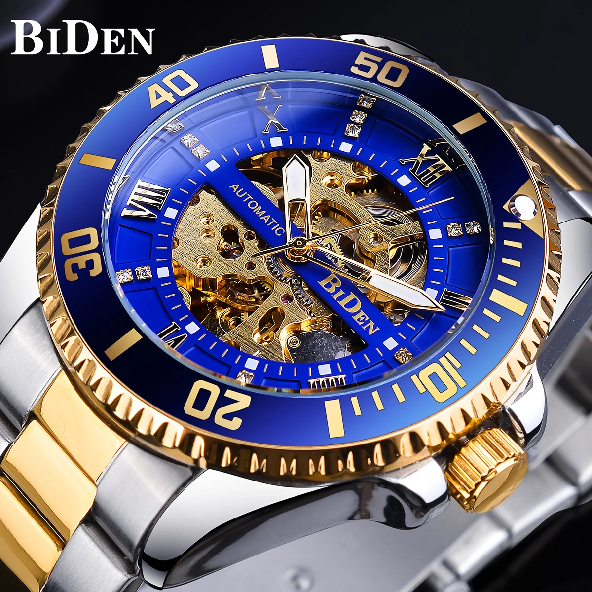 Top Trends: BIDEN Skeleton Diamond Dial Blue Golden Automatic Waterproof Stainless Steel Band Luminous Hand Roman Numerals Mechanical Watch Shoppable Styles