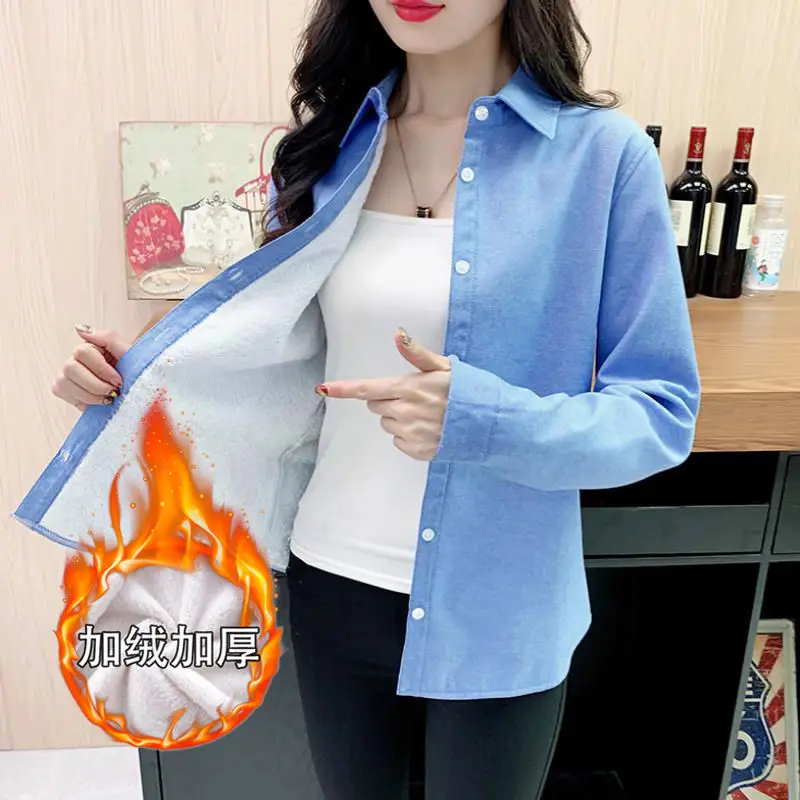 Top Trends: 8XL Winter Women Thick Fleece Shirt 2022 Solid Female Long Sleeve White Fleece Work Shirt Tops Blouse Autumn Clothes Shoppable Styles