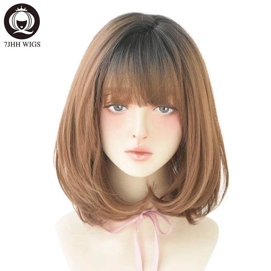 Top Trends: 7JHH WIGS Ombre Brown Short Bob Wig For Women Daily Use High Density Synthetic Layered Noble Hair Wigs With Bangs Costume Wigs Shoppable Styles