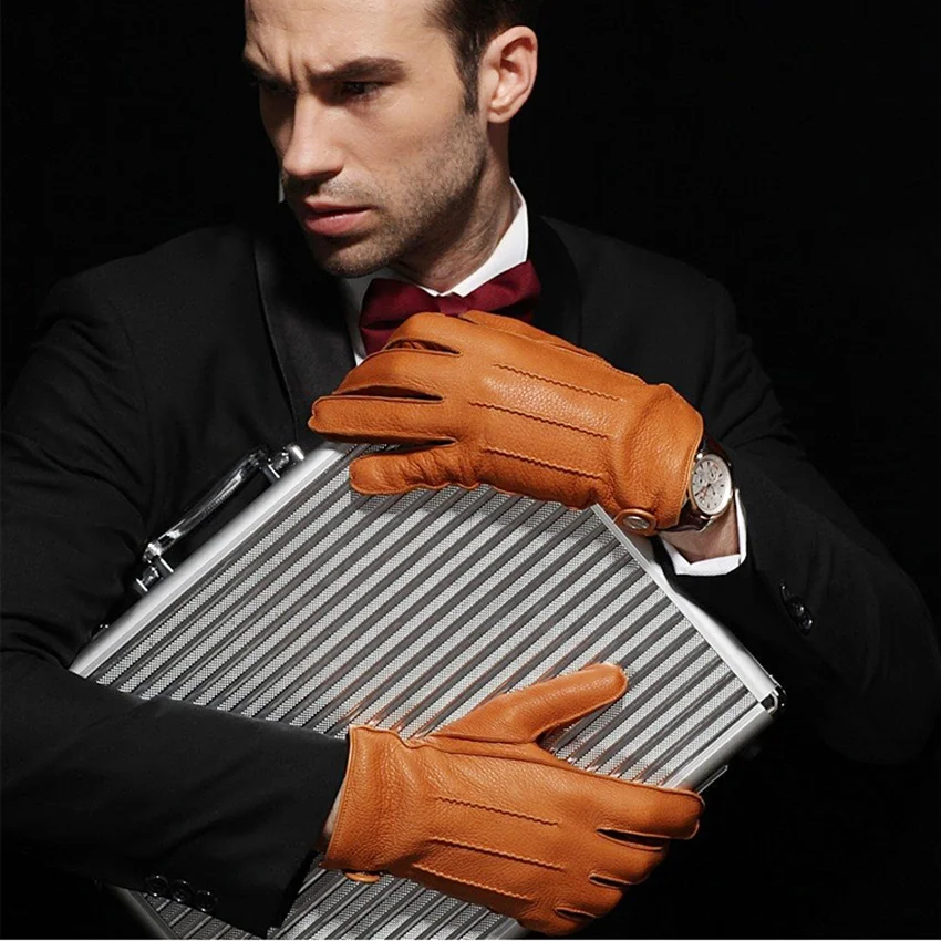 Top Trends: Genuine Leather Men Gloves Fashion Casual Business Deerskin Glove Five Finger Winter Leather Gloves Thermal Knitted Lined EM012W Shoppable Styles