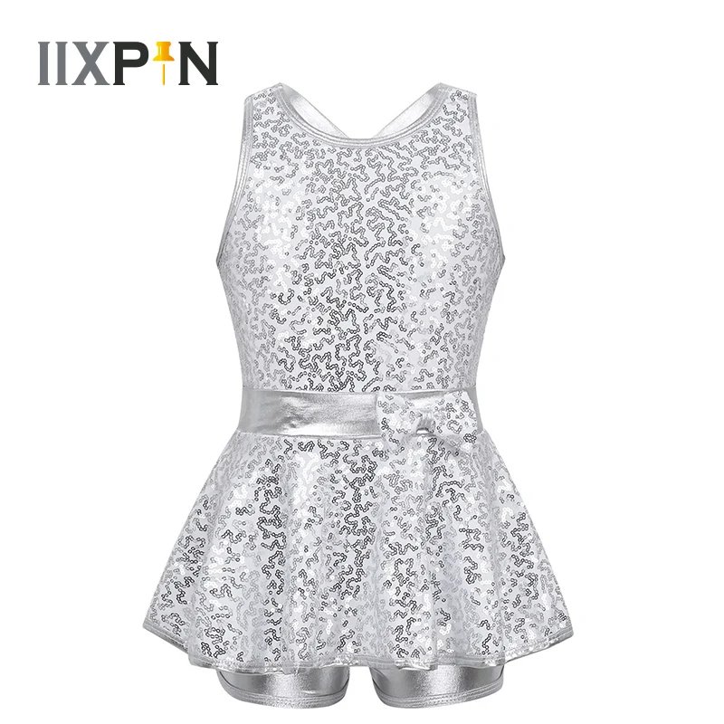 Top Trends: Girls Jazz Dance Dress Ballet Dance Leotard Dress Modern Tap Dance Sleeveless Sequined Criss Cross Back Waist Bowknot Dress Kids Shoppable Styles