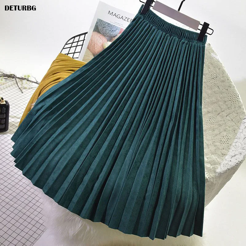 Top Trends: Women's Elegant Suede Pleated Midi Skirt Female High-Quality Elastic High Waist Thick Warm Skirts Saias 2023 Autumn Winter SK394 Shoppable Styles