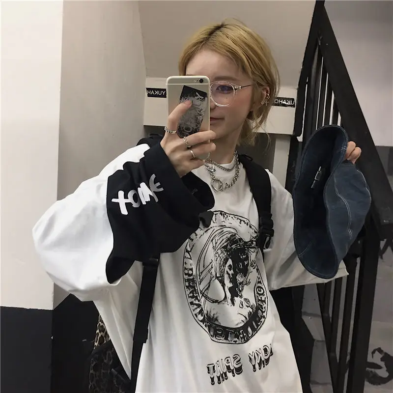 Top Trends: Summer Oversized T-Shirt S-5XL Unisex Black And White Stitching Streetwear Fashion Goth Punk Tops Dark Y2K Loose Female T-Shirt Shoppable Styles