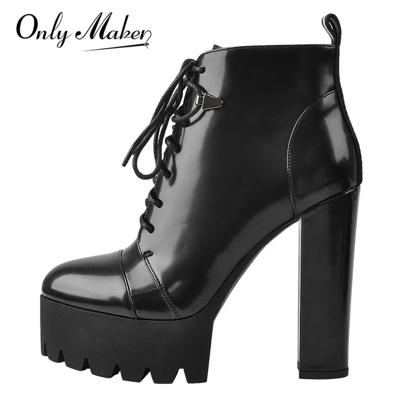 Top Trends: Onlymaker Platform Lace Up Round Toe Black Patent Leather Chunky High Heels Ankle Booties Big Size Lady Short Boots Shoppable Styles