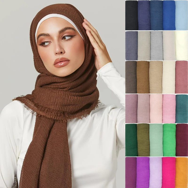 Top Trends: Pleated Plain Hijab Scarf Muslim Women Cotton Crinkle Headband Veil Scarves 2021 Fashion Islamic Headscarf Head Wraps Turban Shoppable Styles