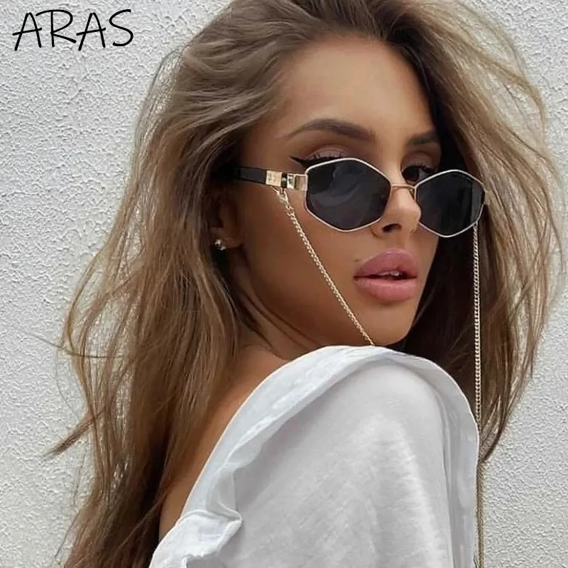 Top Trends: Trendy Retro Hexagon With Chain Sunglasses Women 2023 Brand Designer Unique Polygonal Sun Glasses For Female Small Frame Eyewear Shoppable Styles