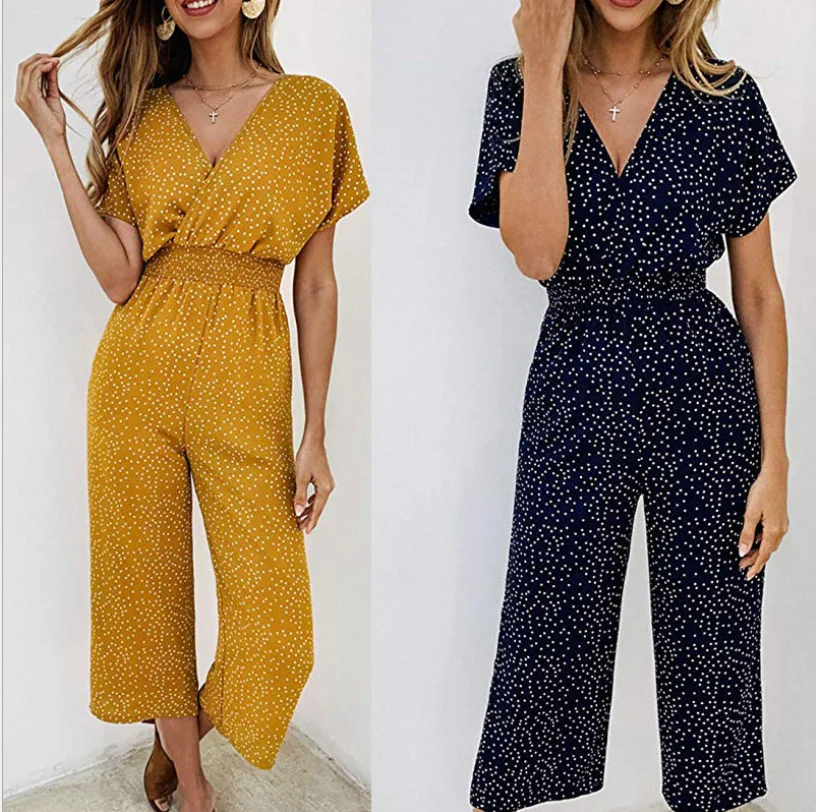 Top Trends: Women Jumpsuits Rompers Summer Casual Shaped Waistband V-neck Pocket Overalls Short Sleeve Dot Printed Wide Leg Loose Shoppable Styles