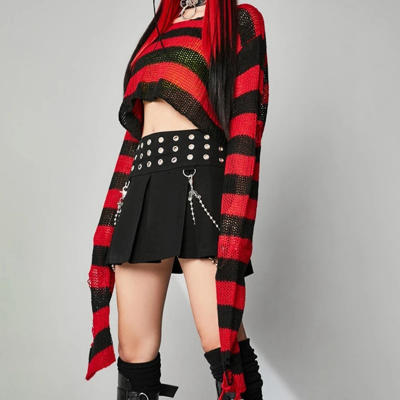 Top Trends: Women Punk Gothic Striped Hollow Out Sweater Color Block Long Sleeve Ripped Oversized Pullovers Retro Casual Knitted Jumpers Shoppable Styles - Image 6