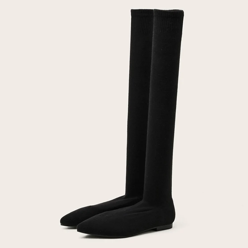 Top Trends: Size 34-40 Fashion Slim Leg Thigh High Sock Boots Women Black Stretch Fabric Pointed Toe Flat Heels Over The Knee Slip On Shoes Shoppable Styles