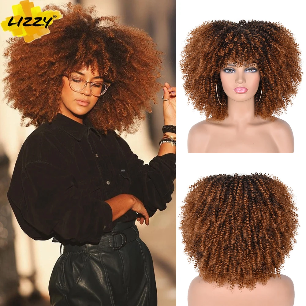 Top Trends: LIZZY Short Afro Kinky Curly Wigs With Bangs For Black Women African Synthetic Ombre Brown Cosplay Wig High Temperature Glueless Shoppable Styles