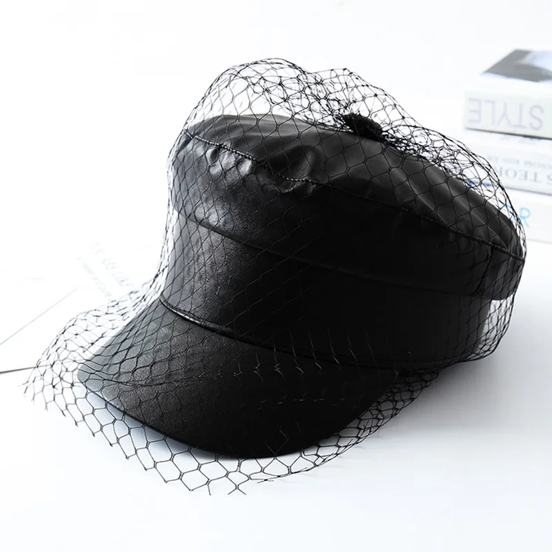 Top Trends: Spring And Summer New Black PU Lace Veil Newsboy Caps Fmale Flat Top Black Mesh Letter Multiple Styles Fashion Hats Shoppable Styles