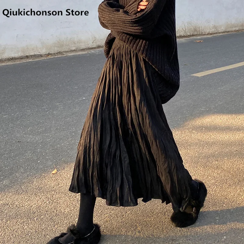 Top Trends: 2022 Autumn Winter Wrinkled Black Pleated Skirt Women Korean Style Casual High Waisted A-Line Long Skirts Midi Falda Plisada Shoppable Styles