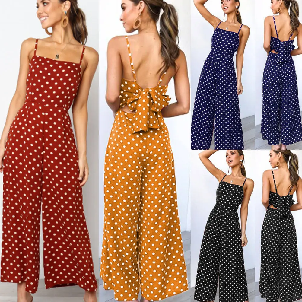 Top Trends: Elegant Sexy Jumpsuits Women Sleeveless Polka Dots Loose Trousers Wide Leg Pants Rompers Holiday Backless Bow Leotard Overalls Shoppable Styles