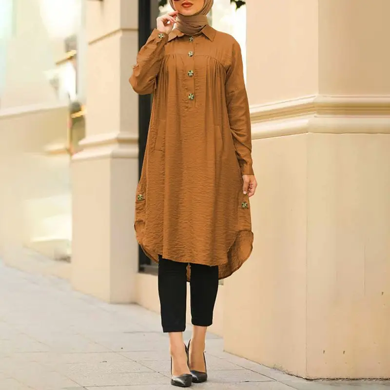 Top Trends: New Summer Muslim Solid Blouse For Women Simple Cotton Linen Long Shirt Saudi Arabia Islam Femme Tops Lady A-Line Shirt Dresses Shoppable Styles