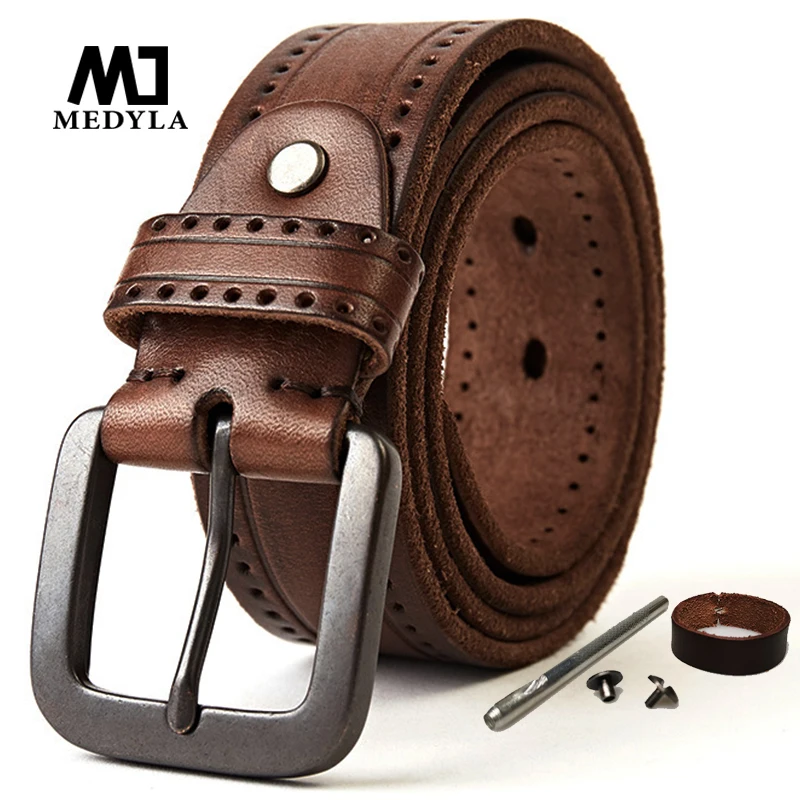 Top Trends: MEDYLA Natural Leather Belt Men's Hard Metal Matte Buckle Men's Original Leather Belt 105-150cm Jeans Belt Screw Accessories Shoppable Styles