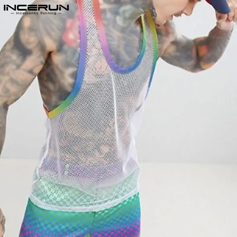 Top Trends: 2023 Summer Men Tank Tops Mesh Patchwork Streetwear Sleeveless Sexy Casual Vests Transparent Breathable Workout Tops 5XL INCERUN Shoppable Styles