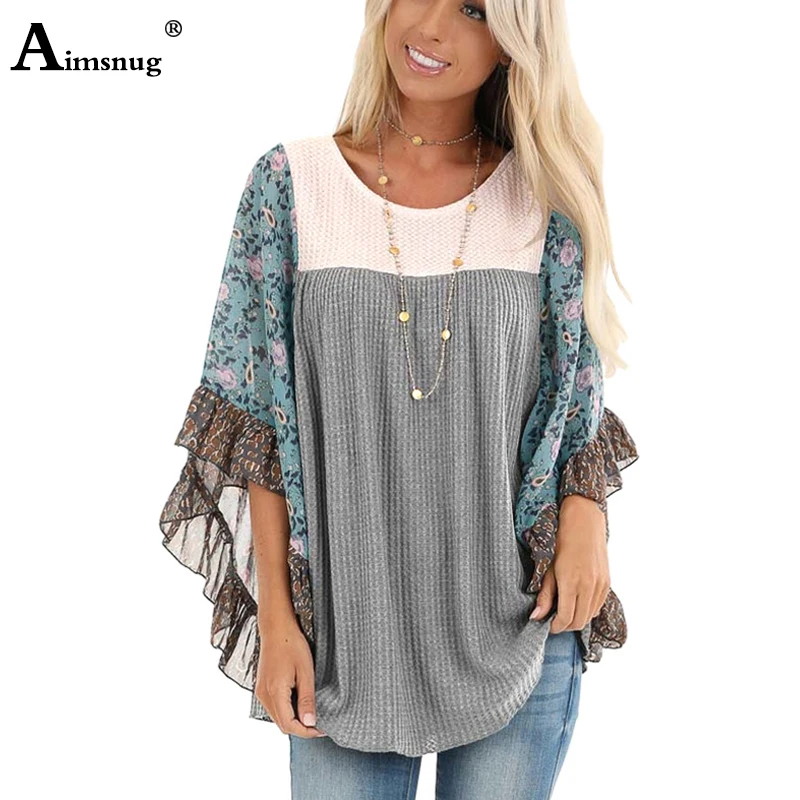 Top Trends: Aimsnug Boho Half-Sleeve Print Splice Women&#039;s Sweaters Pullovers O Neck Loose 2022 Casual Autumn New Female Knitting Pullovers Shoppable Styles