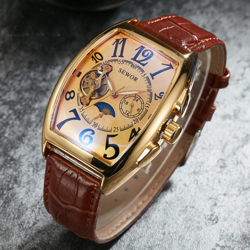 Top Trends: SEWOR Fashion Luxury Gold Watch Men Mon Phase Tourbillon Watches Small Seconds Automatic Mechanical Wristwatches Reloj Hombre Shoppable Styles