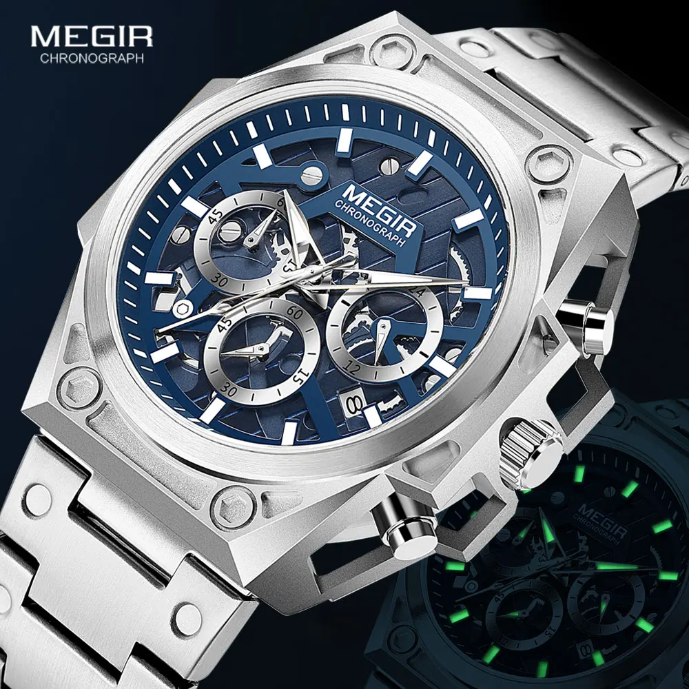 Top Trends: MEGIR Blue Watch Men Stainless Steel Dress Wrist Watch Man Waterproof Chronograph Quartz Watches Relogio Masculino часы мужские Shoppable Styles