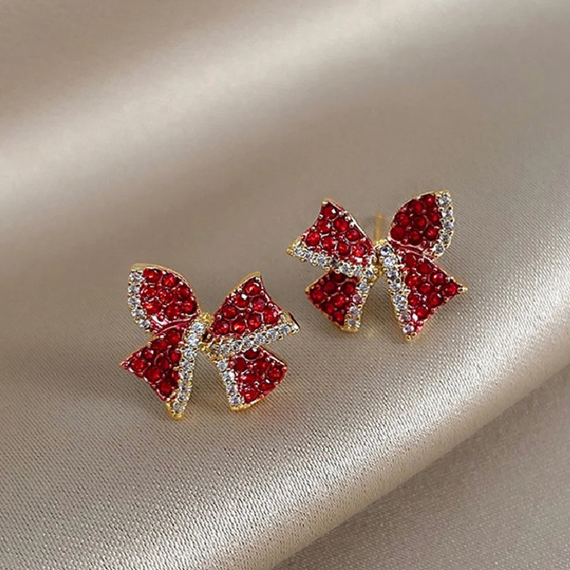 Top Trends: Christmas Red Zircon Crystal Bow Stud Earrings For Women Heart Shape Bowknot Christmas Earring Girl New Year Festival Jewelry Shoppable Styles