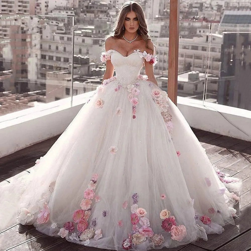 Top Trends: Ball Gown Wedding Dresses 2023 Sweetheart Off Shoulder 3D Flower Bridal Dress Sweep Train Plus Size Robe De Soirée De Mariage Shoppable Styles