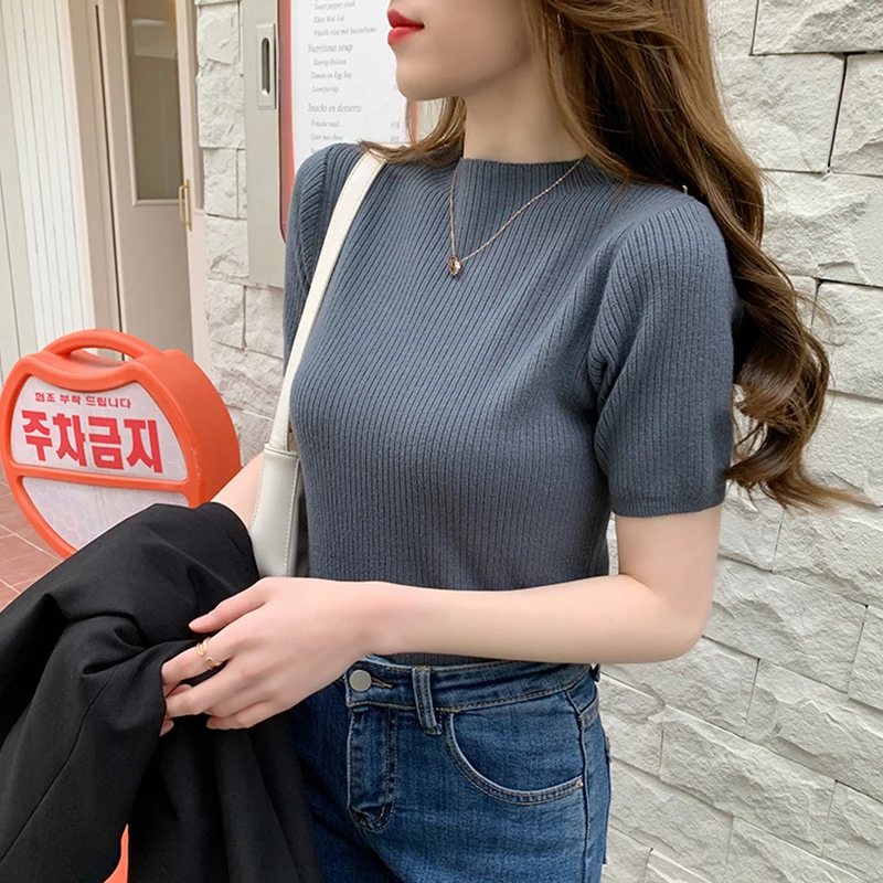 Top Trends: 2024 Summer Knitted Thin Sweater Pullovers Korean Half Sleeve Turtleneck Sweater For Women Slim Jumper Tops Office Lady Shoppable Styles