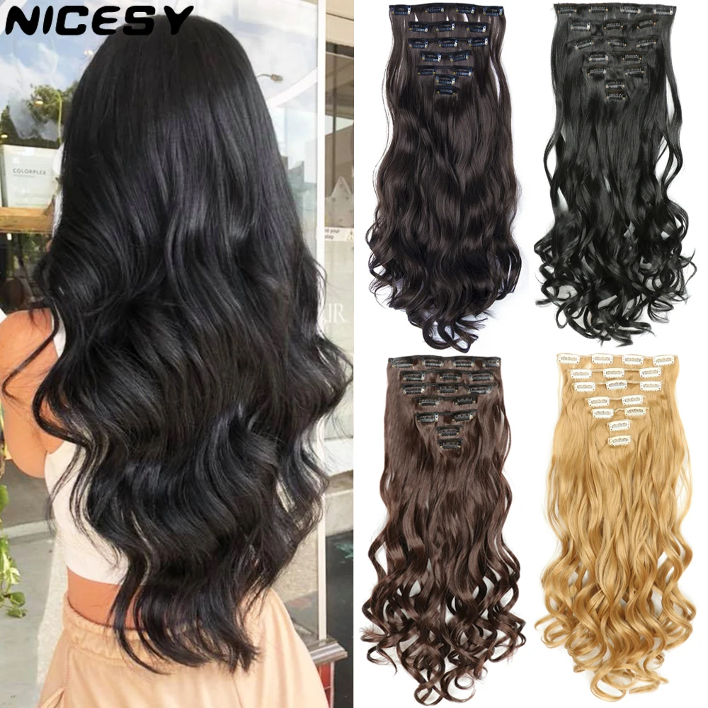 Top Trends: NICESY 16Clips Synthetic 24Inch Long Curly Hair Hairpiece Heat Resistant Hair Extension Clips In Ombre Black Brown Blond Women Shoppable Styles