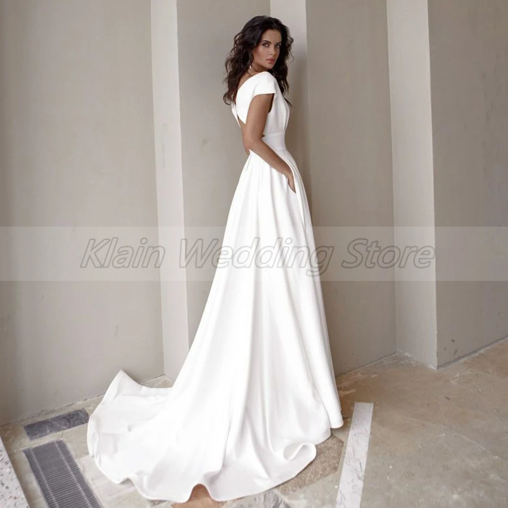 Top Trends: Modest V-Neck Civil Wedding Dress With Slit For Women Simple Cap Sleeve Sweep Train A Line Bridal Gown Pockets Custom Made Shoppable Styles - Image 5