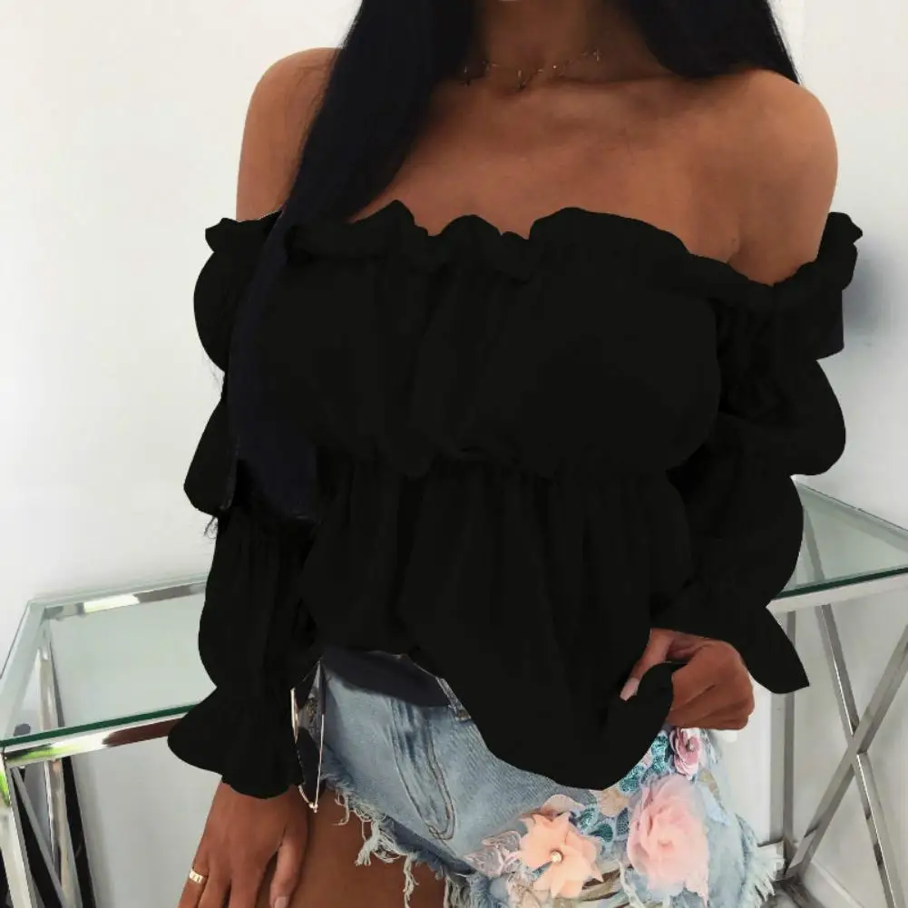 Top Trends: Women Blouse Solid Color Long Sleeve Lace Off Shoulder Ruffled Edges Short Blouse Shirt Ladies Top Clothing блузка женская 2020 Shoppable Styles