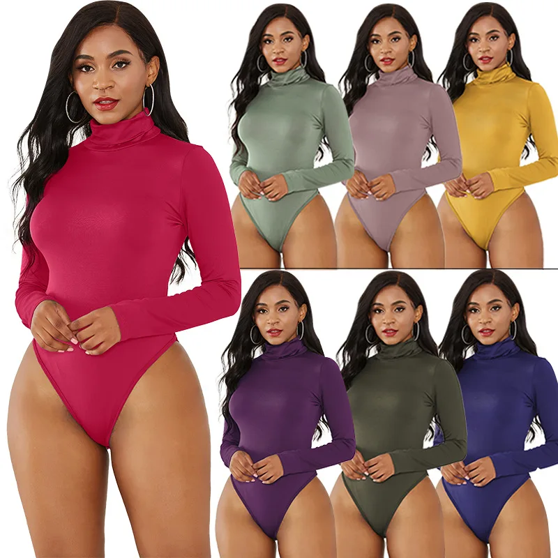 Top Trends: 10Color Long Sleeve High Neck Jumpsuits Women Fit All-in-one Pants Autumn Solid Skinny Vintage Turtleneck Bodysuit Women Rompers Shoppable Styles