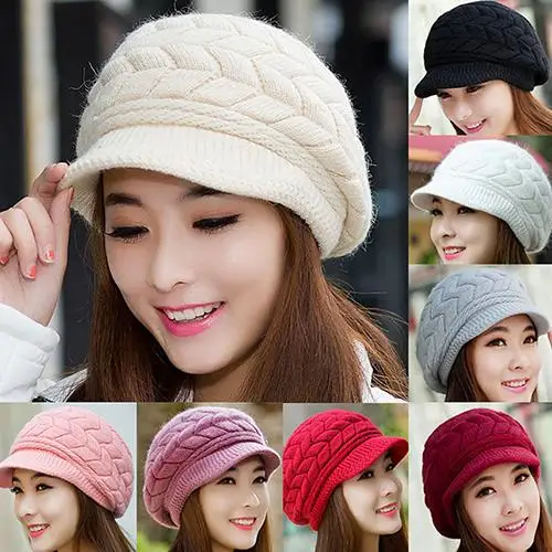 Top Trends: Women's Winter Solid Color Warm Knit Loose Beret Casual Ski Hat Korean Version Peaked Beret Plus Velvet Thick Knit Ear Guards Shoppable Styles