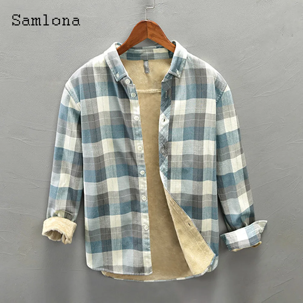 Top Trends: Plus Size Men Fashion Thick Plush Shirts 2022 Winter Velvet Blouse Lepal Collar Model Plaid Tops New Casual Slim Male Outerwear Shoppable Styles