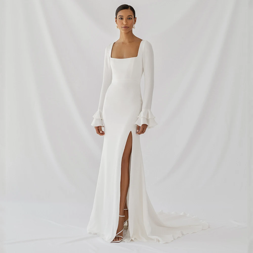 Top Trends: White Side Slit Full Sleeve Square Collar Wedding Dresses With Jersey Floor-Length Sheath Court Train Bridal Gowns 2021 Summer Shoppable Styles - Image 3