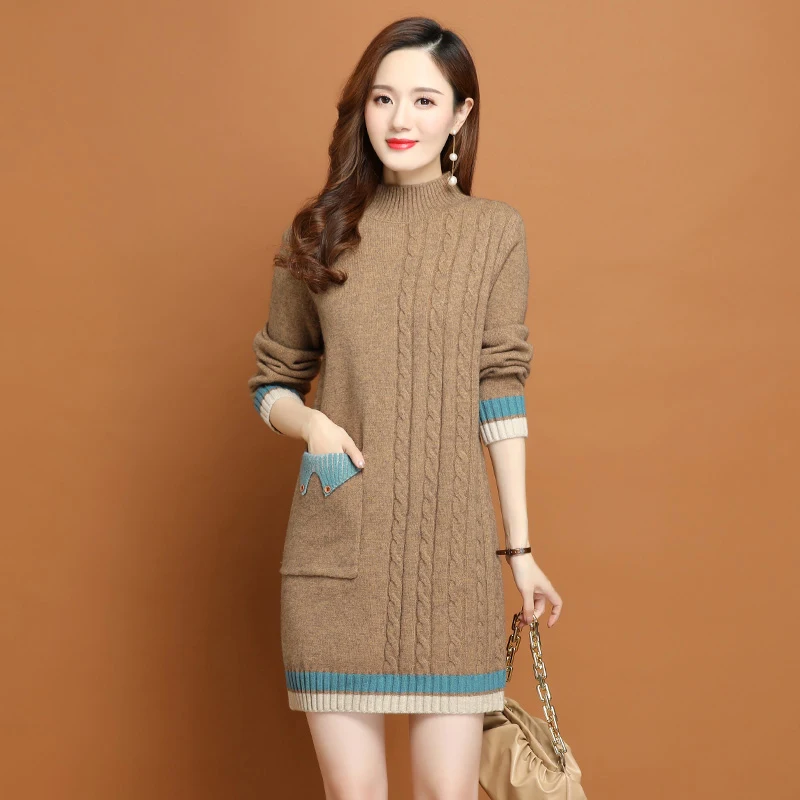 Top Trends: New Women Knit Sweater Dress Autumn Winter 2023 Casual Fashion Thick Patchwork Long Basic Sweater Loose Knitted Pullover Dress Shoppable Styles