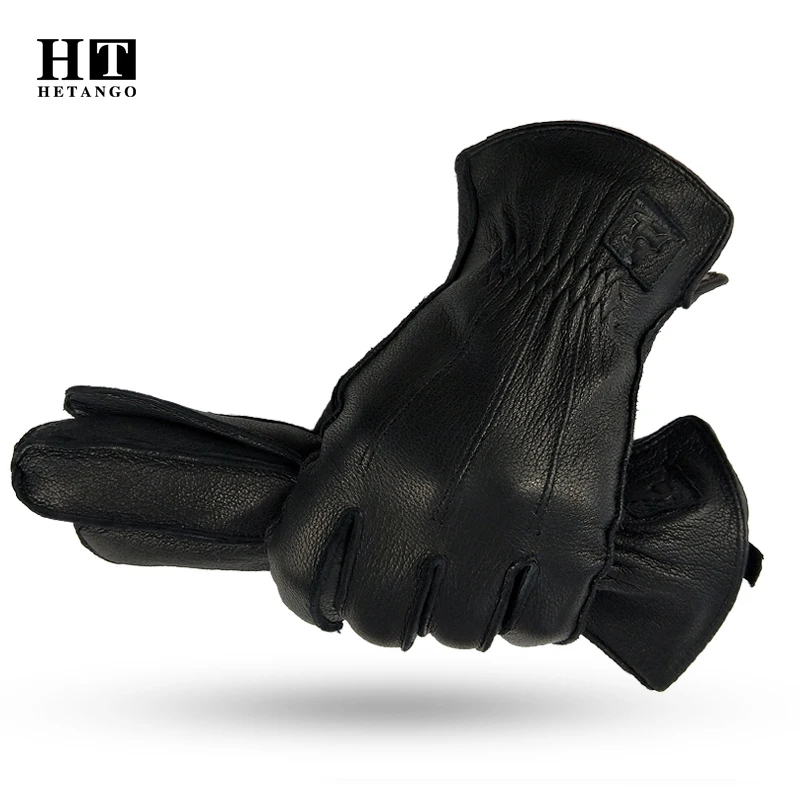 Top Trends: New Winter Men&#039;s Leather Gloves Outdoor Warm Soft Wear-resistant Outer Sewing Black Lines Pattern Deerskin Mittens Wool Lining Shoppable Styles