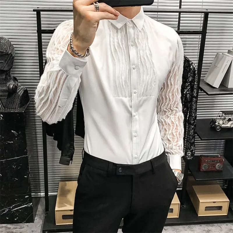 Top Trends: Sexy Tassels Men Shirt Long Sleeve Lace Party Bar Casual Sprint Autumn Outdoor Collared Dance Korean Blouses Shoppable Styles