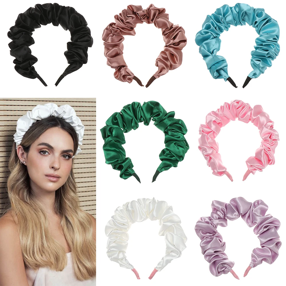 Top Trends: 1PC New Fashion Solid Color Silk Padded Pleated Hairband Face Wash Scrunchy Headband Retro Hair Loop Women Hair Accessories Shoppable Styles