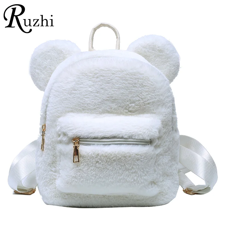 Top Trends: Plush Women's Backpack With Bear Ears Fur Shoulders Bag Cute Furry Women Bag Bag Packs For Girls 2021 KPOP Mini Backpack Lady Shoppable Styles