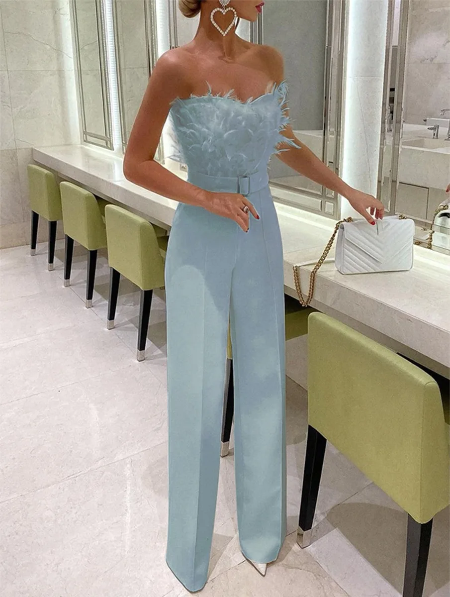 Top Trends: Jumpsuit Women Elegant Long Jumpsuit Strapless Slash Neck Feather Tube Top Sexy Fashion Party Night Evening Jumpsuit 2021 Summer Shoppable Styles